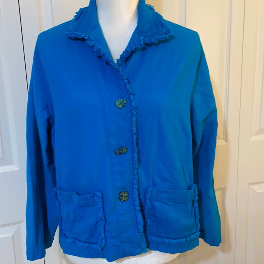Cotton USA Women’s S Long Sleeve Azure Blue Blazer with Tropical Buttons